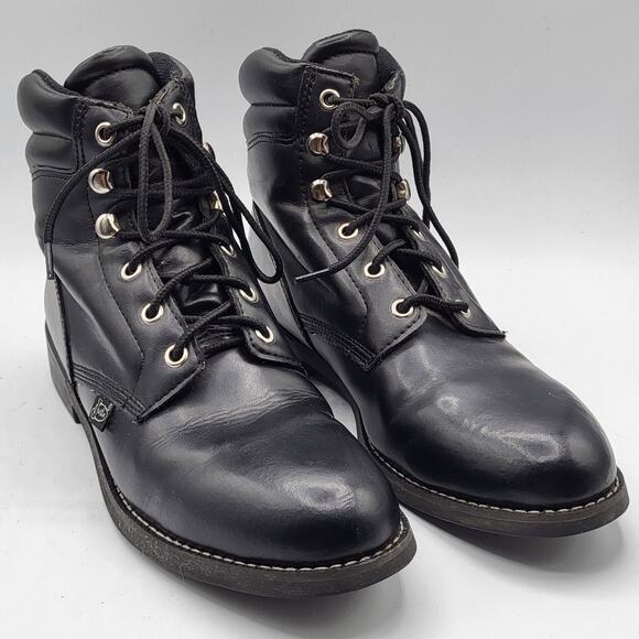 Justin Basic Black Leather Lace Up Boots JBL400 Size 7.5B Punk Grunge Streetwear - Picture 2 of 12